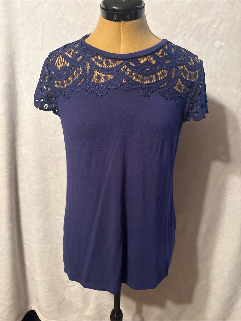 GNW Navy Crochet Yoke Short Sleeve Top